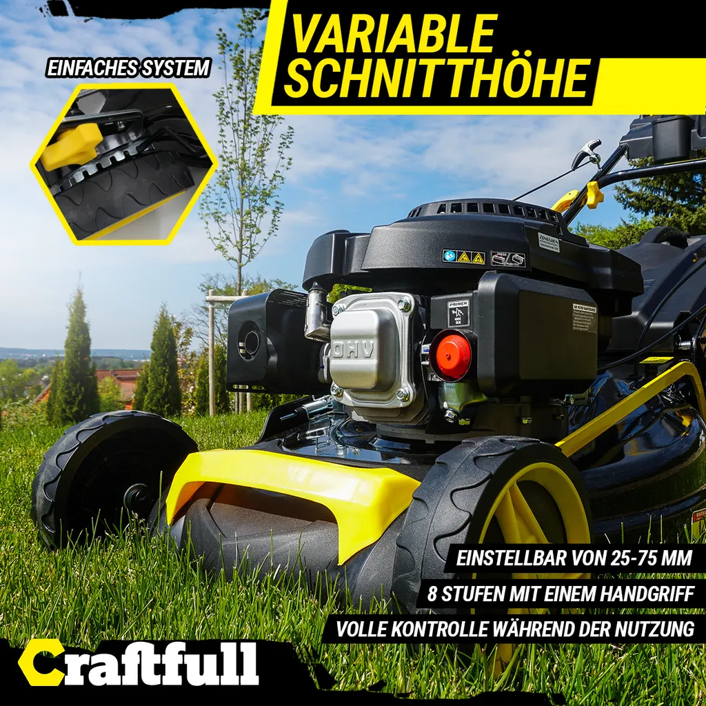 Craftfull Benzinrasenmäher CR-196-10, 53 Cm Schnittbreite, Benzin Rasenmäher Mit Radantrieb, 196 Cc, 4,4 KW / 6PS, Euro 5 Norm, 5in1, Loncin Marken Motor, GT-Markengetriebe, 8 Stufen Höhenverstellbar, 62 Liter Fangsack, Easy-Clean-Funktion 6 Craftfull Benzinrasenmäher CR-196-10, 53 Cm Schnittbreite, Benzin Rasenmäher Mit Radantrieb, 196 Cc, 4,4 KW / 6PS, Euro 5 Norm, 5in1, Loncin Marken Motor, GT-Markengetriebe, 8 Stufen Höhenverstellbar, 62 Liter Fangsack, Easy-Clean-Funktion – Bild 4