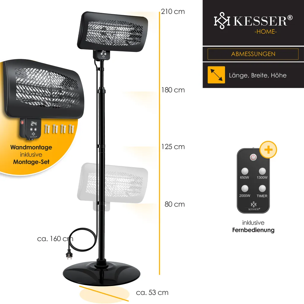 KESSER® Heizstrahler Infrarotstrahler Terrassenheizstrahler Standheizer Wickeltisch-Wärmestrahler Mit Fernbedienung Wandhalterung | Innen- Und Außenbereich | Infrarot Terrassenheizung Quarzstrahler, Farbe:Schwarz 9 KESSER® Heizstrahler Infrarotstrahler Terrassenheizstrahler Standheizer Wickeltisch-Wärmestrahler Mit Fernbedienung Wandhalterung | Innen- Und Außenbereich | Infrarot Terrassenheizung Quarzstrahler, Farbe:Schwarz – Bild 7