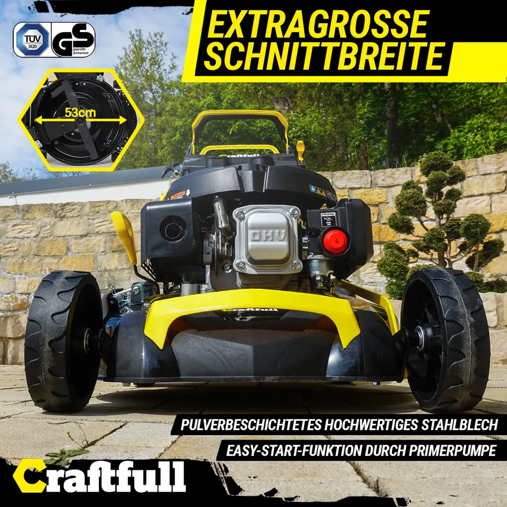 Craftfull Benzinrasenmäher CR-196-10, 53 Cm Schnittbreite, Benzin Rasenmäher Mit Radantrieb, 196 Cc, 4,4 KW / 6PS, Euro 5 Norm, 5in1, Loncin Marken Motor, GT-Markengetriebe, 8 Stufen Höhenverstellbar, 62 Liter Fangsack, Easy-Clean-Funktion 5 Craftfull Benzinrasenmäher CR-196-10, 53 Cm Schnittbreite, Benzin Rasenmäher Mit Radantrieb, 196 Cc, 4,4 KW / 6PS, Euro 5 Norm, 5in1, Loncin Marken Motor, GT-Markengetriebe, 8 Stufen Höhenverstellbar, 62 Liter Fangsack, Easy-Clean-Funktion – Bild 3