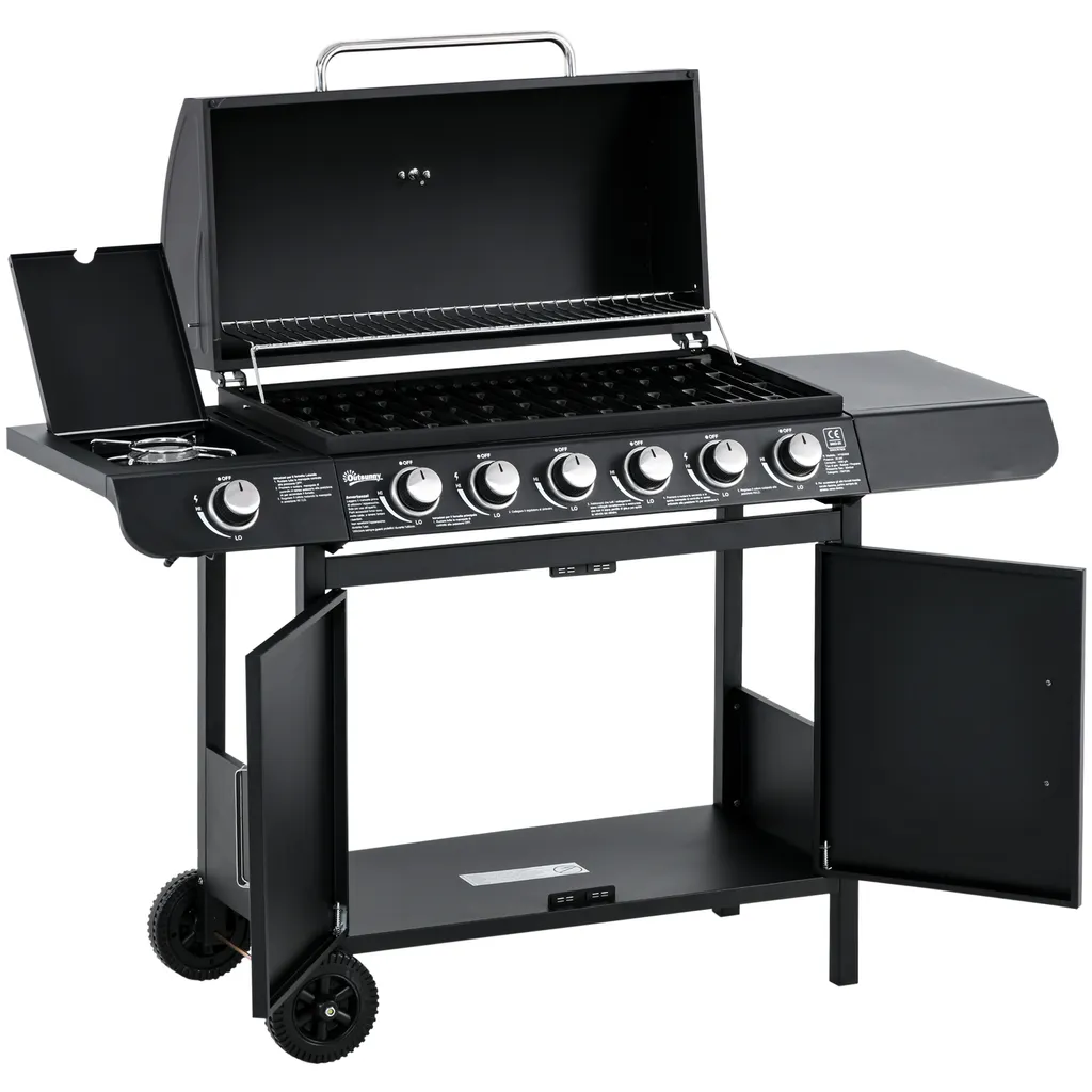 Outsunny Gasgrill BBQ Grillwagen Mit 6 Brennern 1 Seitenbrenner Schrank Multifunktion Metall Schwarz 135 X 50 X 100 Cm 3 Outsunny Gasgrill BBQ Grillwagen Mit 6 Brennern 1 Seitenbrenner Schrank Multifunktion Metall Schwarz 135 X 50 X 100 Cm