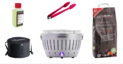LotusGrill Starter-Set Classic 1x Grill Silber Metallic Mit USB-Anschluß, 1x Buchenholzkohle 2,5kg, 1x Brennpaste 200ml, 1x Würstchenzange (Farbe Nach Vorrat), 1x Transport-Tragetasche
