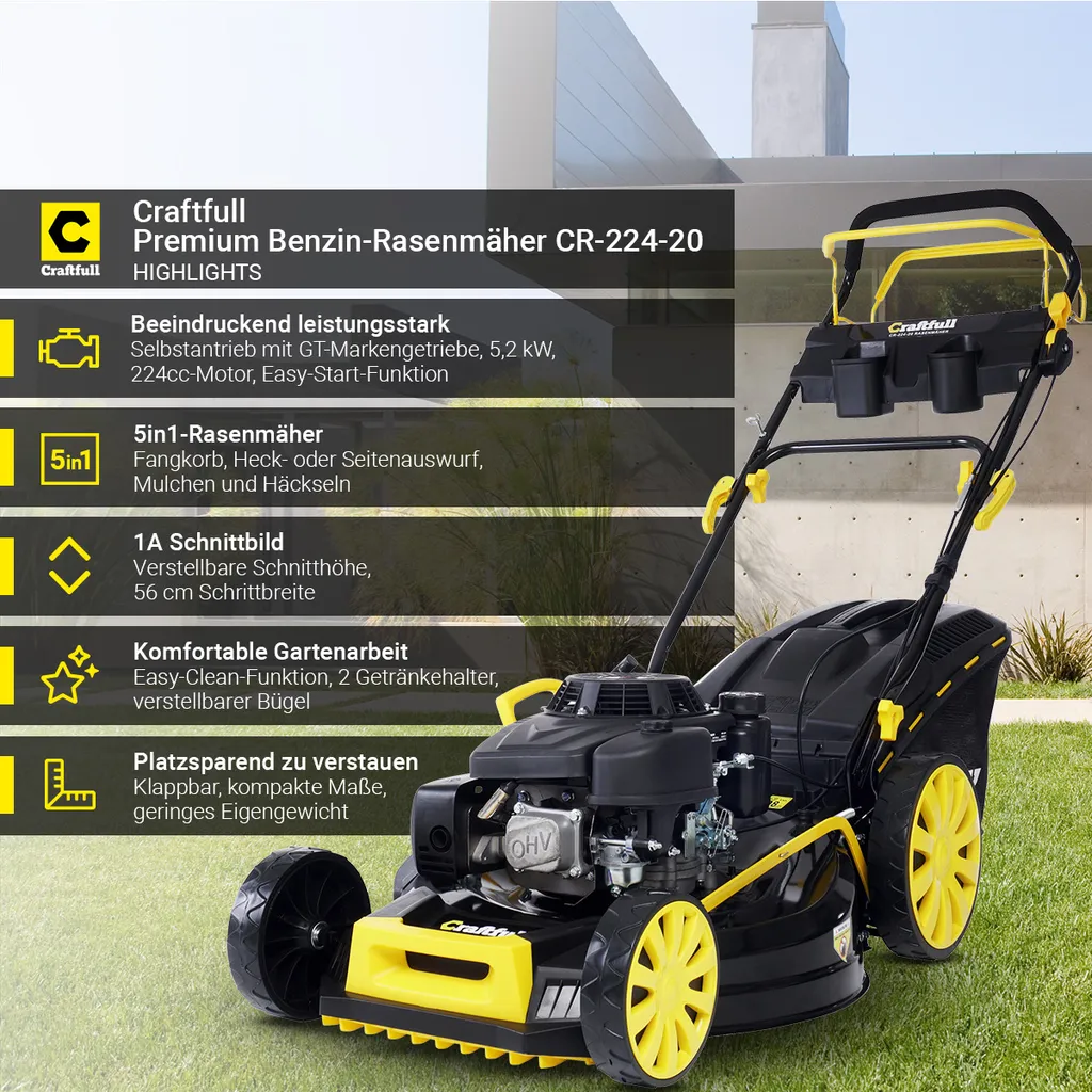 Craftfull Benzinrasenmäher CR-224-20, 56 Cm Schnittbreite, Benzin Rasenmäher Mit Radantrieb Inkl. Rasenkamm, 196 Cc, 5,2 KW / 7,1PS, Euro 5 Norm, 5in1, Marken Motor, GT-Markengetriebe, 8 Stufen Höhenverstellbar, 62 Liter Fangsack, Easy-Clean-Funktion 4 Craftfull Benzinrasenmäher CR-224-20, 56 Cm Schnittbreite, Benzin Rasenmäher Mit Radantrieb Inkl. Rasenkamm, 196 Cc, 5,2 KW / 7,1PS, Euro 5 Norm, 5in1, Marken Motor, GT-Markengetriebe, 8 Stufen Höhenverstellbar, 62 Liter Fangsack, Easy-Clean-Funktion – Bild 2
