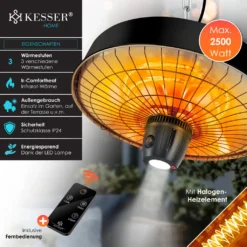 KESSER® Deckenheizstrahler Heizpilz Infrarot-Heizstrahler 2500W Terrassenstrahler Mit Fernbedienung Quarzstrahler | LED Licht | Decke | Infrarotstrahler | Mit Kette + Karabinerhaken Carbon-Heizelement, Farbe:Schwarz -Günstiges Laube Lust Geschäft 773fc7c6e3e5f8ffc5fc9b473120b827