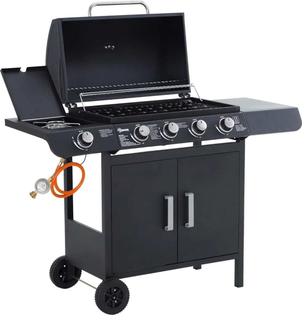 Outsunny Gasgrill BBQ Grillwagen Mit 4 Brennern 1 Seitenbrenner Schrank Multifunktion Metall Schwarz 125 X 51 X 100 Cm 3 Outsunny Gasgrill BBQ Grillwagen Mit 4 Brennern 1 Seitenbrenner Schrank Multifunktion Metall Schwarz 125 X 51 X 100 Cm
