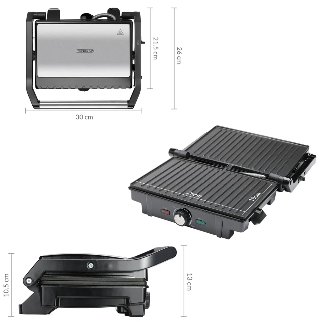 Monzana Kontaktgrill XL 180°C Klappbar Antihaftbeschichtung Edelstahl Temperaturkontrolle 1600W Tischgrill Sandwich Maker 9 Monzana Kontaktgrill XL 180°C Klappbar Antihaftbeschichtung Edelstahl Temperaturkontrolle 1600W Tischgrill Sandwich Maker – Bild 7