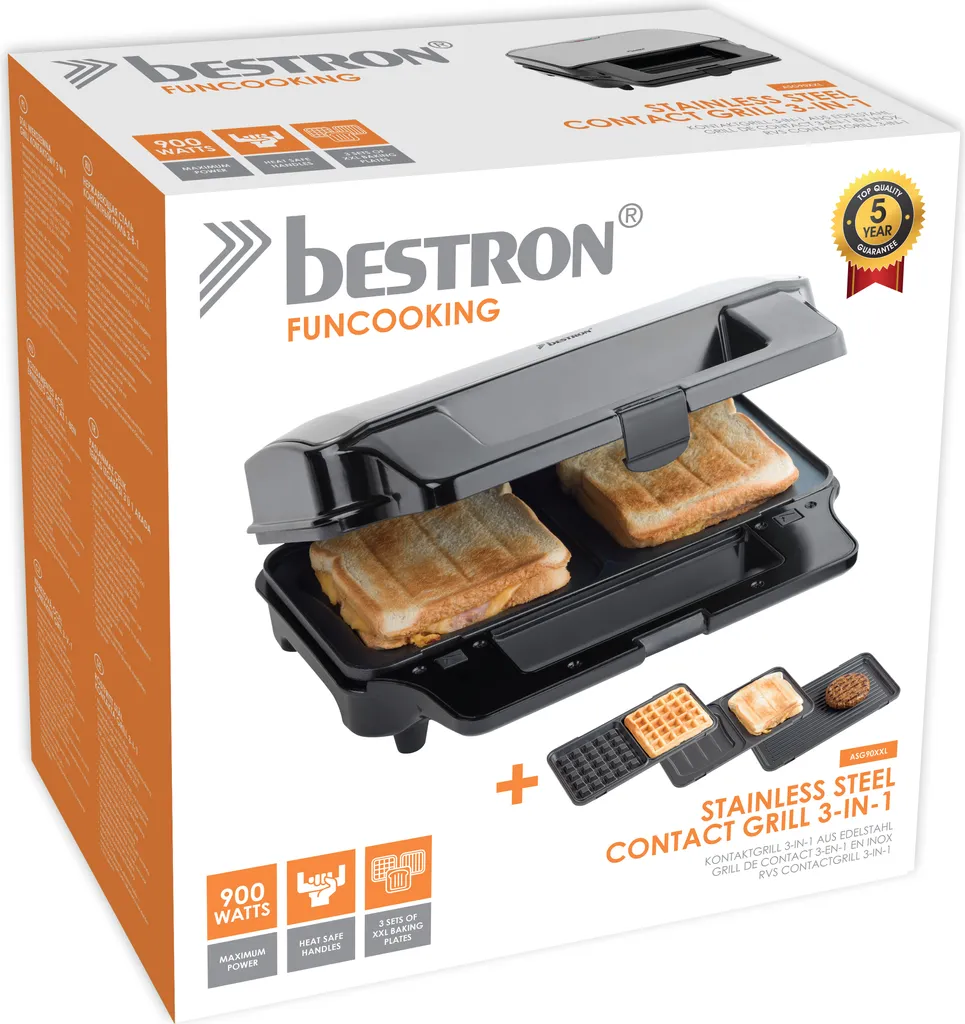 Bestron Antihaftbeschichteter 3-in-1 Sandwich-Kontaktgrill, 900 W, Schwarz 4 Bestron Antihaftbeschichteter 3-in-1 Sandwich-Kontaktgrill, 900 W, Schwarz – Bild 2