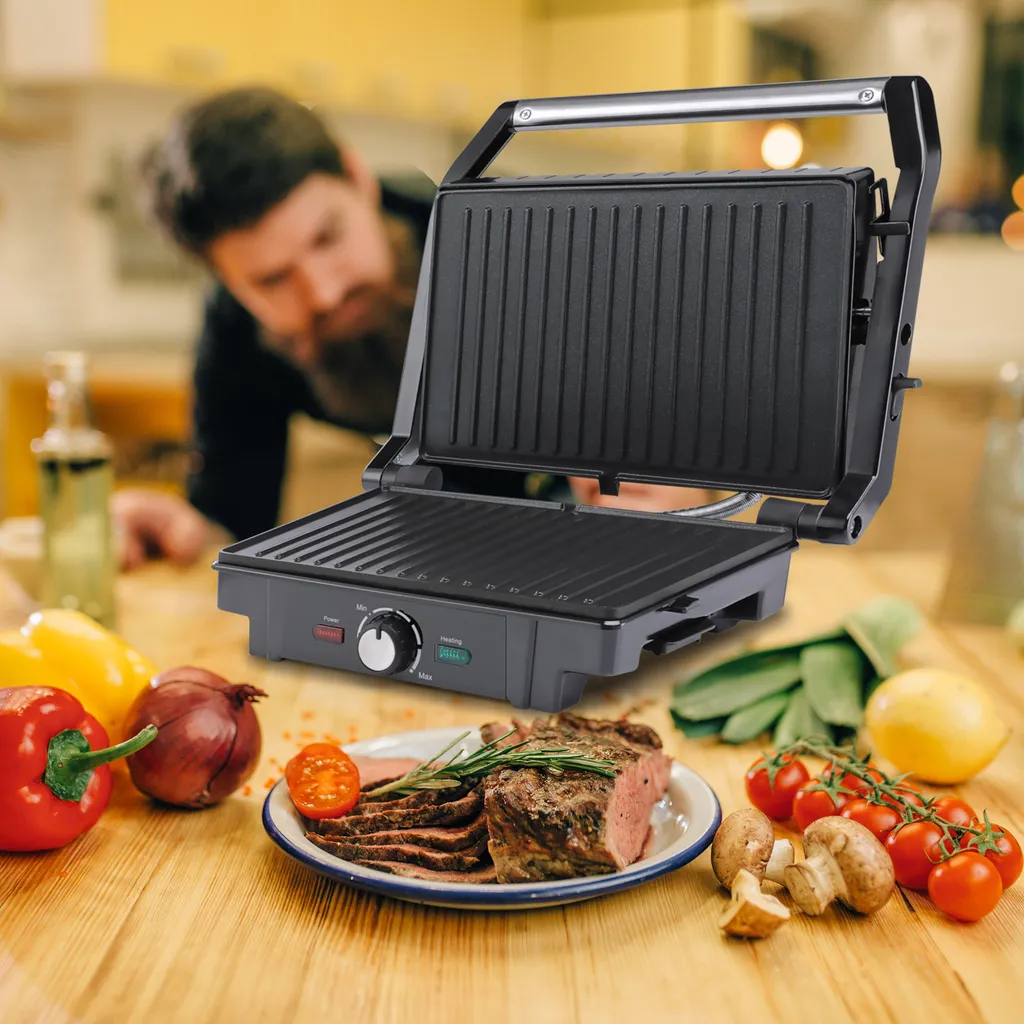 Monzana Kontaktgrill XL 180°C Klappbar Antihaftbeschichtung Edelstahl Temperaturkontrolle 1600W Tischgrill Sandwich Maker 4 Monzana Kontaktgrill XL 180°C Klappbar Antihaftbeschichtung Edelstahl Temperaturkontrolle 1600W Tischgrill Sandwich Maker – Bild 2