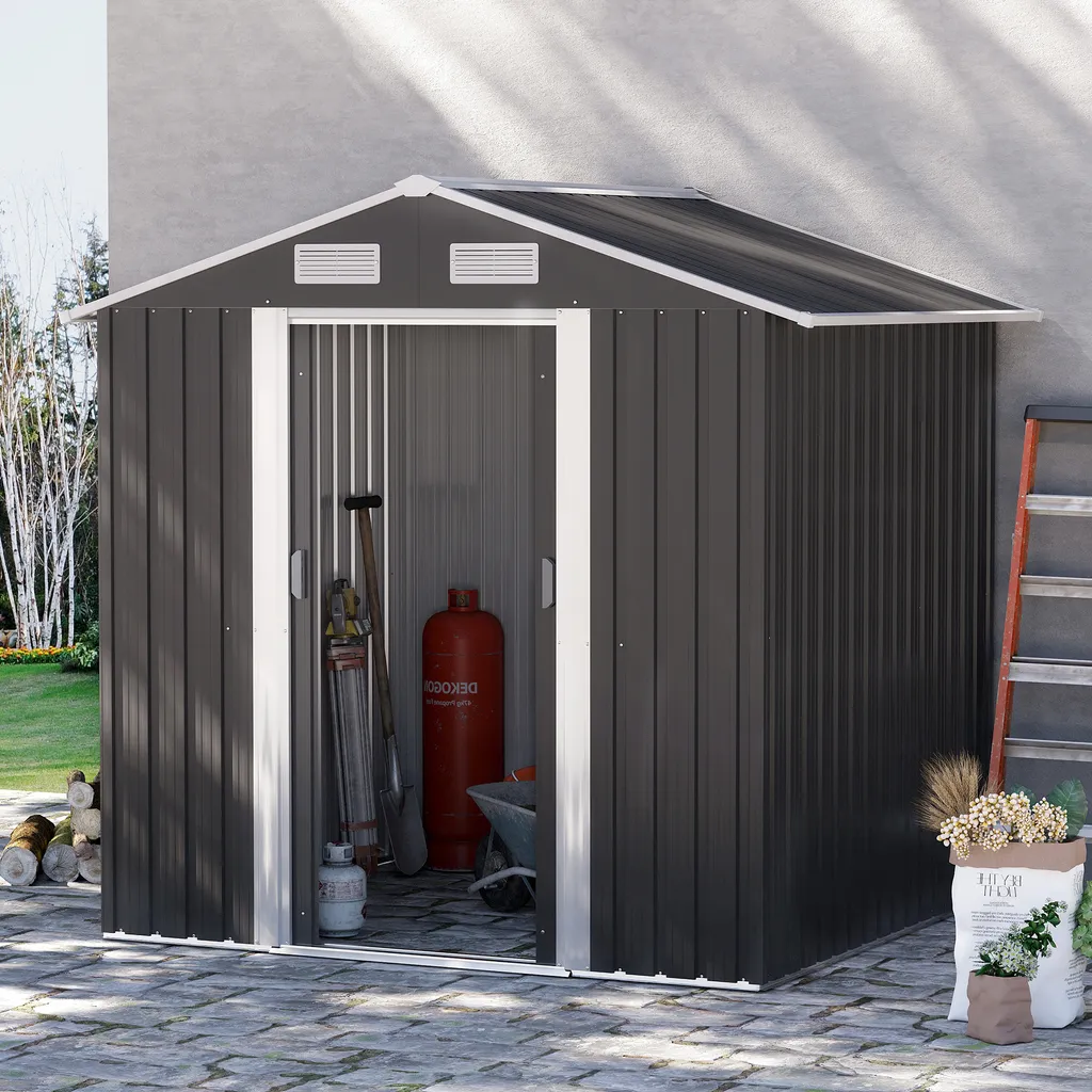 Outsunny Gerätehaus Mit 2 Schiebetüren Metall Gartenhaus 2,6 M² Geräteschuppen Verzinkter Stahl Dunkelgrau 195,5 X 153 X 188 Cm 4 Outsunny Gerätehaus Mit 2 Schiebetüren Metall Gartenhaus 2,6 M² Geräteschuppen Verzinkter Stahl Dunkelgrau 195,5 X 153 X 188 Cm – Bild 2