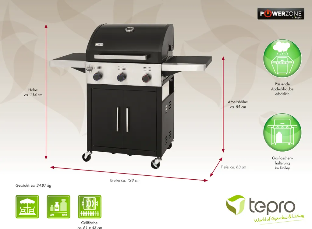 Tepro Gasgrill Keansburg 3 SE, 3-Brenner, 2x 3,2kW Und 1x 4,2kW Powerzone, Gussrost, Abklappbare Seitenablagen 10 Tepro Gasgrill Keansburg 3 SE, 3-Brenner, 2x 3,2kW Und 1x 4,2kW Powerzone, Gussrost, Abklappbare Seitenablagen – Bild 8
