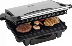 Bestron Elektrischer Kontaktgrill Mit Auffangschale, Sandwichmaker Mit Cool-Touch-Handgriff & Antihaftbeschichtung, Paninimaker Mit 1000 Watt, ASW113S, Farbe: Silber / Schwarz