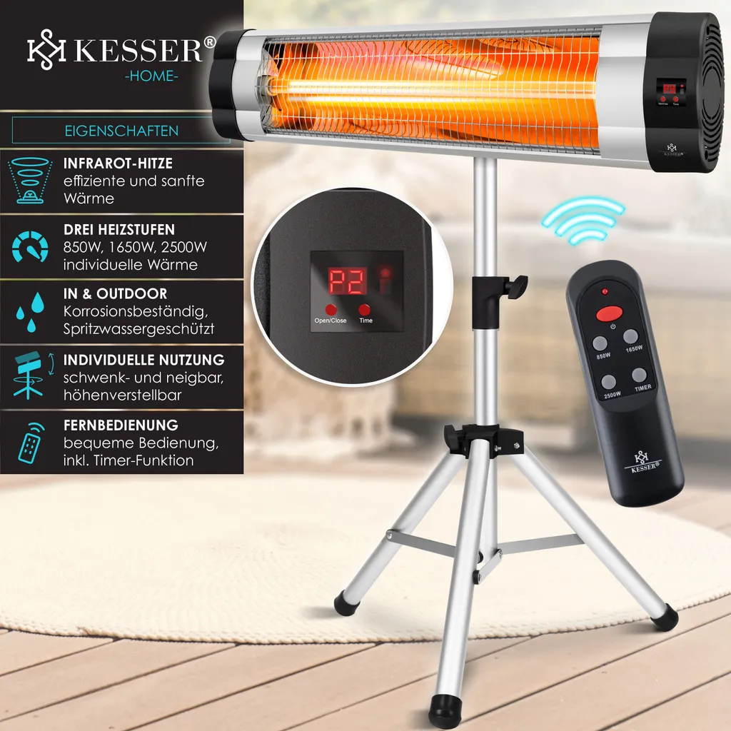 KESSER® Infrarotstrahler Heizstrahler Terrassenstrahler 2500W Mit Fernbedienung Inkl. Schutzhülle Höhenverstellbarem Teleskopstativ Wickeltischstrahler Terrassenheizer Quarzstrahler Infrarot, Leistung:2500W Mit Fernbedienung 4 KESSER® Infrarotstrahler Heizstrahler Terrassenstrahler 2500W Mit Fernbedienung Inkl. Schutzhülle Höhenverstellbarem Teleskopstativ Wickeltischstrahler Terrassenheizer Quarzstrahler Infrarot, Leistung:2500W Mit Fernbedienung – Bild 2