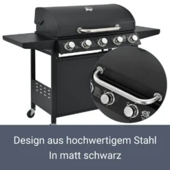 Juskys BBQ Gasgrill Dakota – Grillwagen Mit 5 Brenner 18 KW - Barbecue Grill Inkl. Deckel, Warmhalterost, Seitenablagen, Thermometer & Abdeckplane 13 Juskys BBQ Gasgrill Dakota – Grillwagen Mit 5 Brenner 18 KW - Barbecue Grill Inkl. Deckel, Warmhalterost, Seitenablagen, Thermometer & Abdeckplane -Günstiges Laube Lust Geschäft 80409d976873fcd1ca219e93736ce93f
