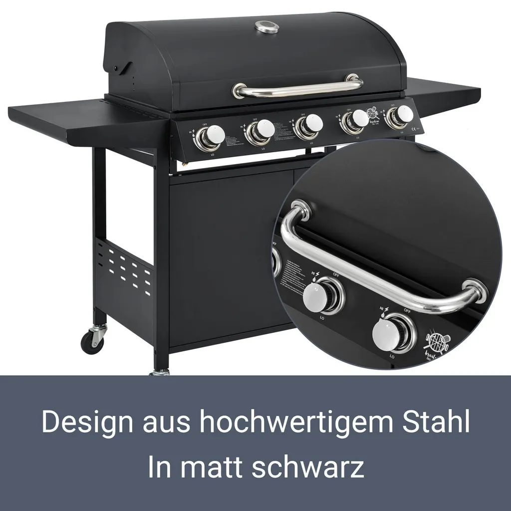 Juskys BBQ Gasgrill Dakota – Grillwagen Mit 5 Brenner 18 KW - Barbecue Grill Inkl. Deckel, Warmhalterost, Seitenablagen, Thermometer & Abdeckplane 5 Juskys BBQ Gasgrill Dakota – Grillwagen Mit 5 Brenner 18 KW - Barbecue Grill Inkl. Deckel, Warmhalterost, Seitenablagen, Thermometer & Abdeckplane – Bild 3