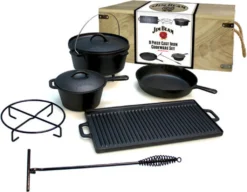 Jim Beam Pfannen-Schmortopf-Set Gusseisernes Koch-Set Dutch Oven Set 9-teilig. In Holztruhe
