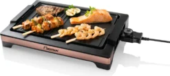 Bestron Elektrischer Tischgrill, Teppanyaki Mit Herausnehmbarer Grillplatte & Zwei Grilloberflächen, Antihaftbeschichtet, 2.000 Watt, Farbe: Schwarz/Kupfer