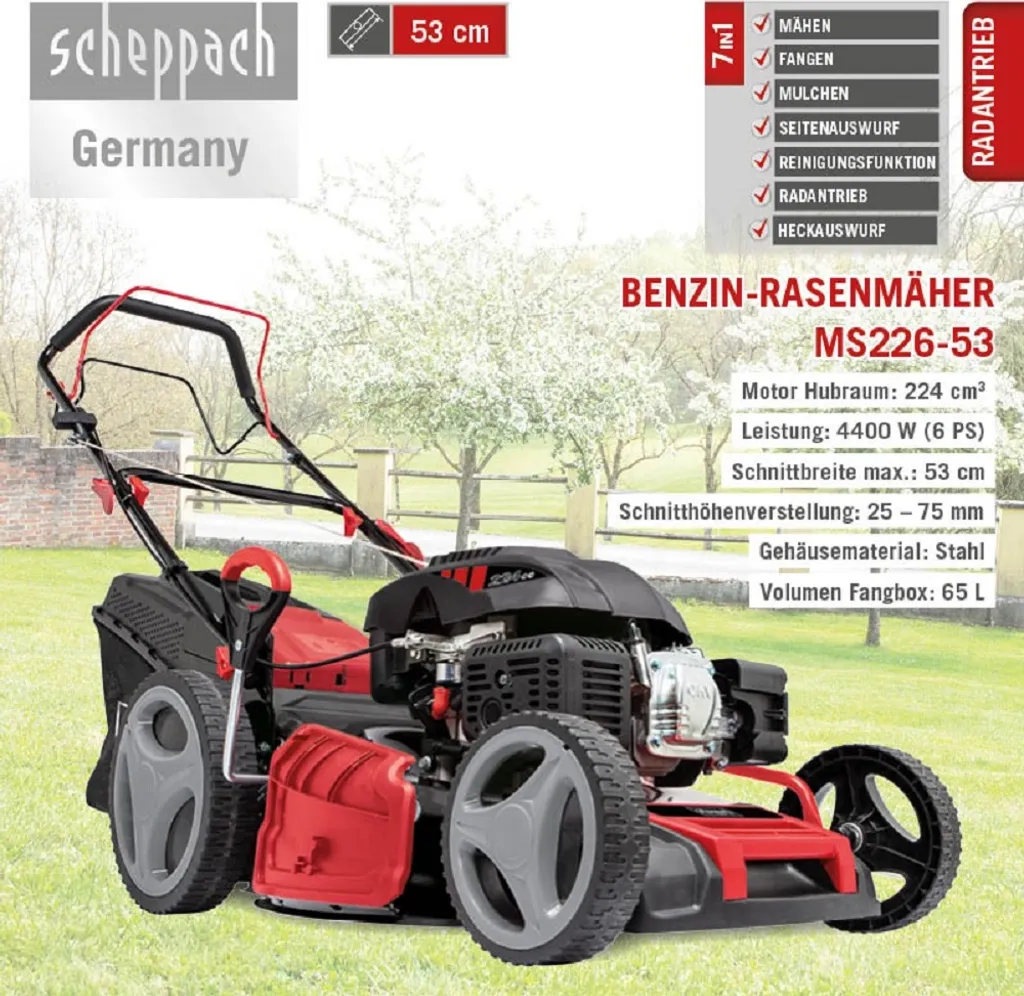 Scheppach 6 In 1 Benzin-Rasenmäher MS226-53 SE Rasentrimmer Gartenpflege 6 Scheppach 6 In 1 Benzin-Rasenmäher MS226-53 SE Rasentrimmer Gartenpflege – Bild 4