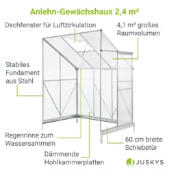 Juskys Aluminium Anlehn-Gewächshaus 2,4 M² – Treibhaus Mit Schiebetür, Fenster Zum Lüften & Stahl-Fundament – Stabiles Pflanzenhaus Für Garten -Günstiges Laube Lust Geschäft 84bac749fa17cd1c840b7f491386fa43