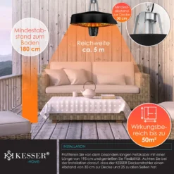 KESSER® Deckenheizstrahler Heizpilz Infrarot-Heizstrahler 2500W Terrassenstrahler Mit Fernbedienung Quarzstrahler | LED Licht | Decke | Infrarotstrahler | Mit Kette + Karabinerhaken Carbon-Heizelement, Farbe:Schwarz -Günstiges Laube Lust Geschäft 8668b0eb4368529363b2d02849cc2084