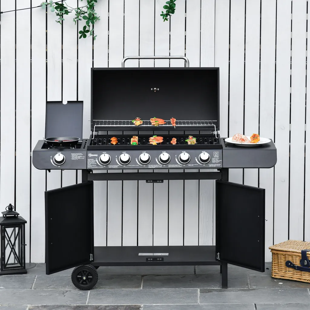 Outsunny Gasgrill BBQ Grillwagen Mit 6 Brennern 1 Seitenbrenner Schrank Multifunktion Metall Schwarz 135 X 50 X 100 Cm 4 Outsunny Gasgrill BBQ Grillwagen Mit 6 Brennern 1 Seitenbrenner Schrank Multifunktion Metall Schwarz 135 X 50 X 100 Cm – Bild 2