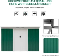 Outsunny Gerätehaus, Gartenhaus, Geräteschuppen Mit Schiebetür, Lüftungsfenster, Pultdach, Outdoor, Stahl, Grün, 280 X 130 X 172 Cm