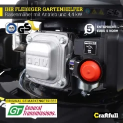 Craftfull Benzinrasenmäher CR-196-10E, 53 Cm Schnittbreite, Benzin Rasenmäher Mit Radantrieb Inkl. Elektrostarter & Rasenkamm, 196 Cc, 4,4 KW / 6PS, Euro 5 Norm, 5in1, Marken Motor, GT-Markengetriebe, 8 Stufen Höhenverstellbar, 62 Liter Fangsack, Easy-Clean-Funktion -Günstiges Laube Lust Geschäft 8b47e5449ab65f30d660d0ef3ce0de1c