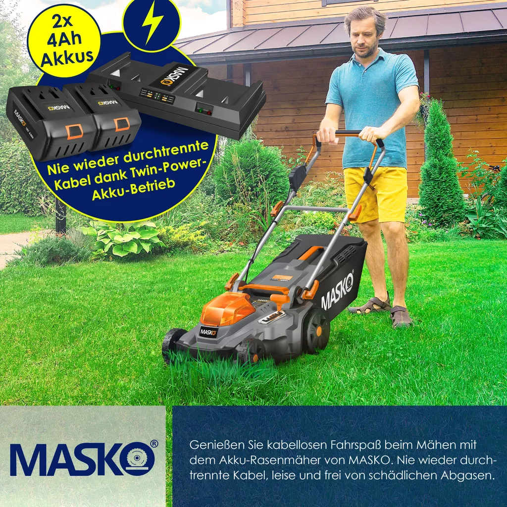 MASKO® Akku Rasenmäher ECO-X10 Inkl. Akkus Li-Ion Batterie 4 Ah & Doppel-Ladegerät – Rasentrimmer Schnittbreite, 25-75mm Schnitthöhenverstellung , Farbe:Schwarz / Orange, Größe:Schnittbreite 43cm 8 MASKO® Akku Rasenmäher ECO-X10 Inkl. Akkus Li-Ion Batterie 4 Ah & Doppel-Ladegerät – Rasentrimmer Schnittbreite, 25-75mm Schnitthöhenverstellung , Farbe:Schwarz / Orange, Größe:Schnittbreite 43cm – Bild 6