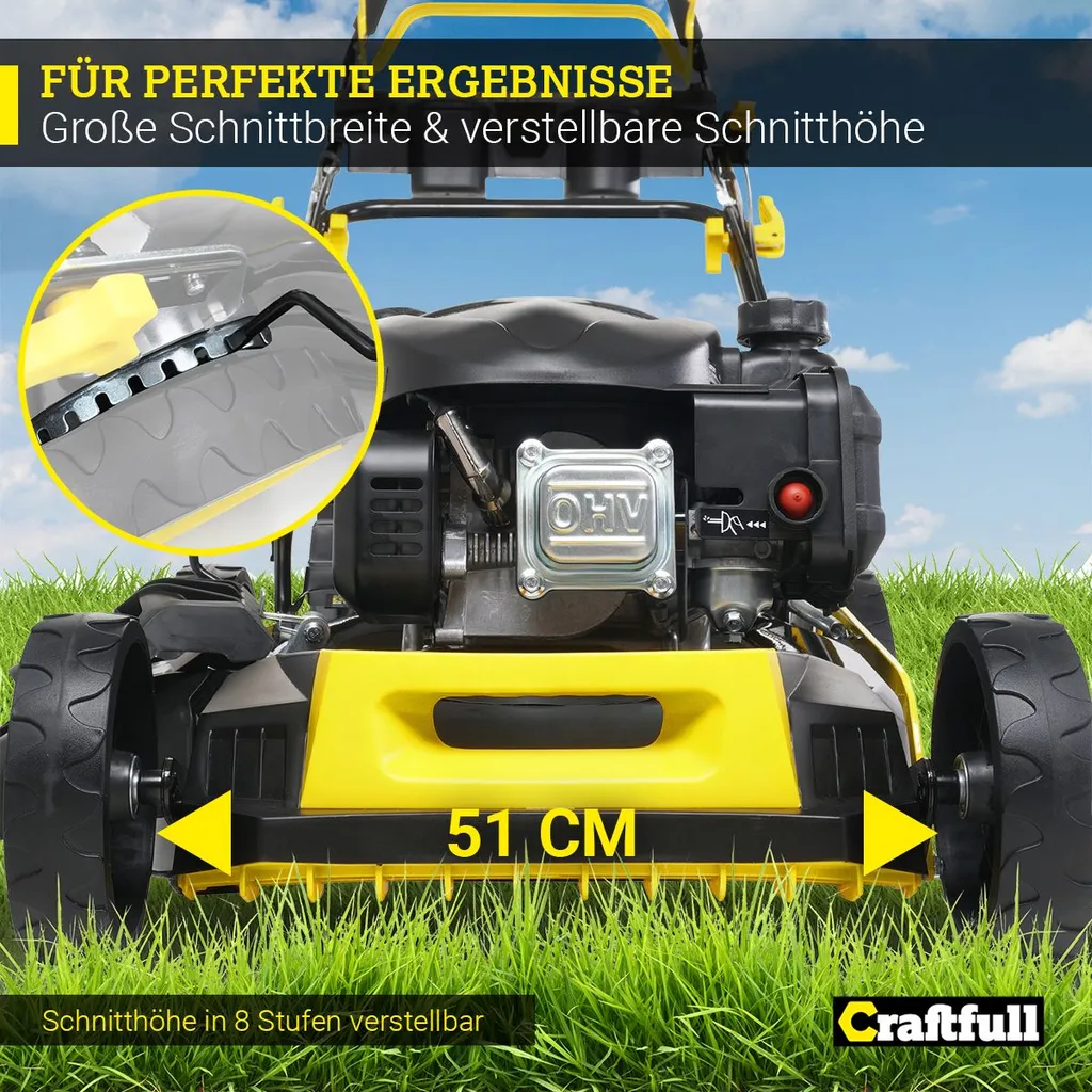 Craftfull Benzinrasenmäher CR-196-20, 51 Cm Schnittbreite, Benzin Rasenmäher Mit Radantrieb Inkl. Rasenkamm, 196 Cc, 4,4 KW / 6PS, Euro 5 Norm, 5in1, Marken Motor, GT-Markengetriebe, 8 Stufen Höhenverstellbar, 62 Liter Fangsack, Easy-Clean-Funktion 7 Craftfull Benzinrasenmäher CR-196-20, 51 Cm Schnittbreite, Benzin Rasenmäher Mit Radantrieb Inkl. Rasenkamm, 196 Cc, 4,4 KW / 6PS, Euro 5 Norm, 5in1, Marken Motor, GT-Markengetriebe, 8 Stufen Höhenverstellbar, 62 Liter Fangsack, Easy-Clean-Funktion – Bild 5