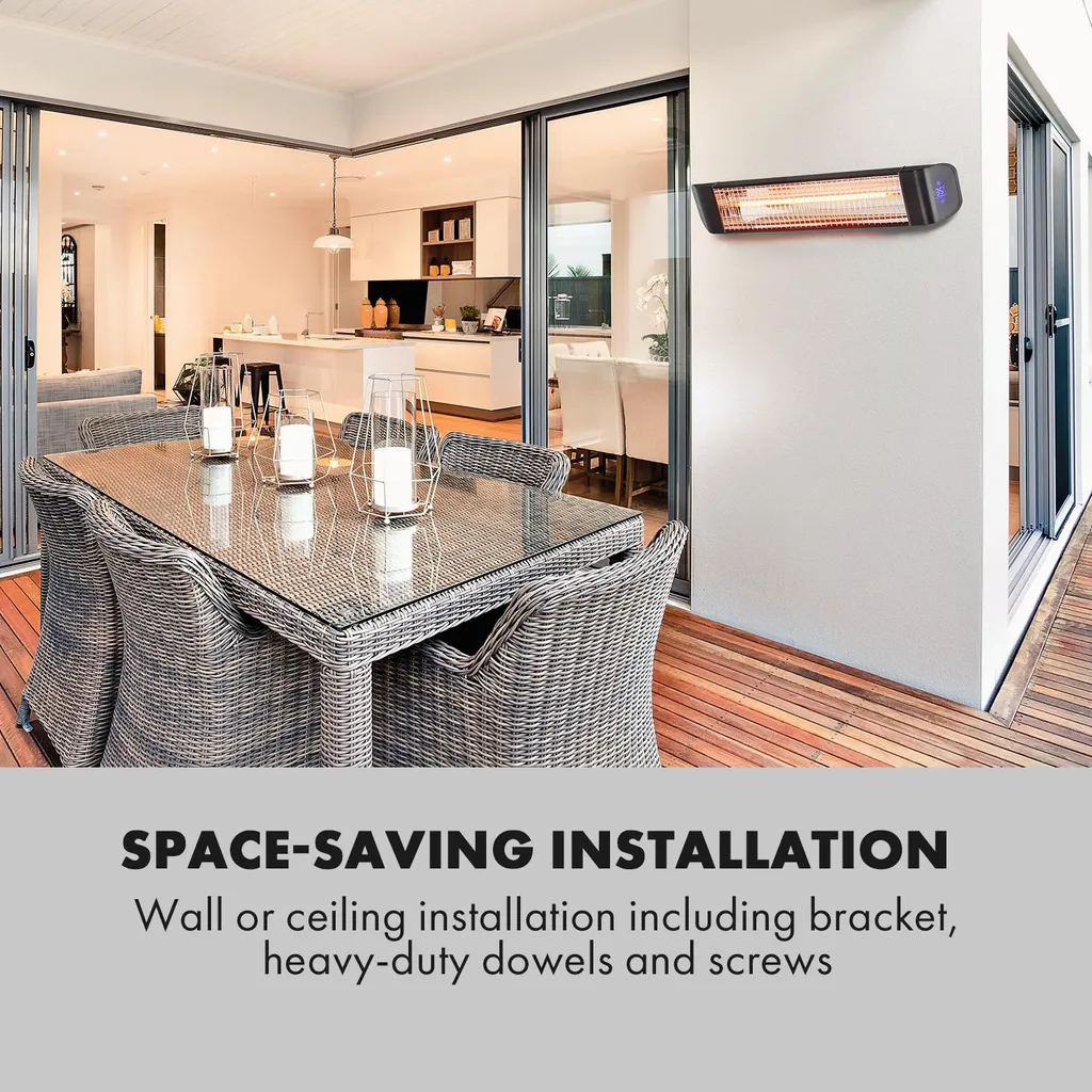 Klarstein Smartwave Infrarot-Heizstrahler Terrassenheizstrahler , IR ComfortHeat , Carbonfaserröhre Mit 2400 Watt , Thermostat , Multicommand: WiFi-Appsteuerung Für Bis Zu 7 Geräte , Körpererkennung , OpenWindow Detection , Indoor & Outdoor , IP65 , Wand- Oder Deckenmontage , Gehäuse: Pulverbeschichtetes Aluminium , Fernbedienung , Schwarz 5 Klarstein Smartwave Infrarot-Heizstrahler Terrassenheizstrahler , IR ComfortHeat , Carbonfaserröhre Mit 2400 Watt , Thermostat , Multicommand: WiFi-Appsteuerung Für Bis Zu 7 Geräte , Körpererkennung , OpenWindow Detection , Indoor & Outdoor , IP65 , Wand- Oder Deckenmontage , Gehäuse: Pulverbeschichtetes Aluminium , Fernbedienung , Schwarz – Bild 3