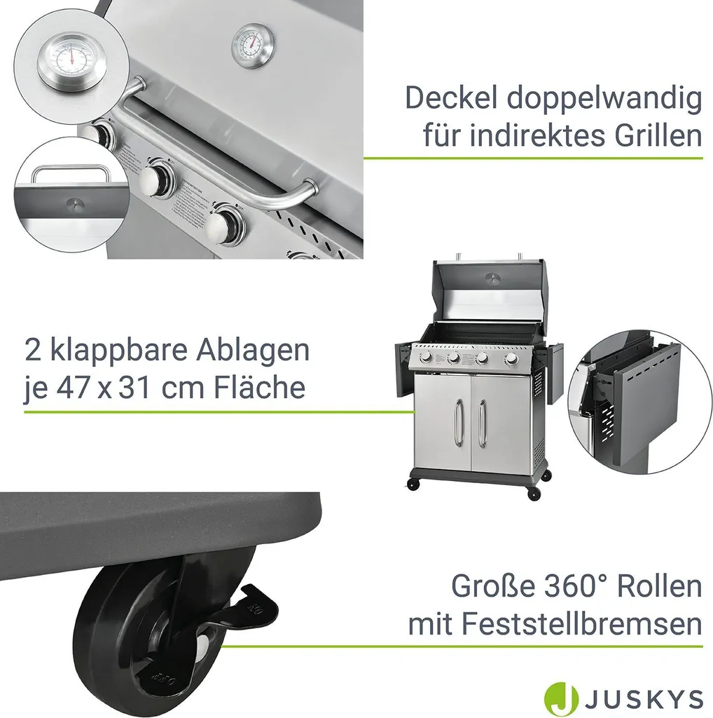 Juskys Gasgrill Kansas Mit 4 Brenner 12 KW, BBQ Grill Mit Gusseisen-Grillrost, Warmhalterost & Thermometer, XL Grillwagen 2 Seitenablagen & 4 Räder 7 Juskys Gasgrill Kansas Mit 4 Brenner 12 KW, BBQ Grill Mit Gusseisen-Grillrost, Warmhalterost & Thermometer, XL Grillwagen 2 Seitenablagen & 4 Räder – Bild 5