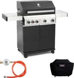 TAINO Black 4+1 Gasgrill Inkl. Zubehör Edelstahl Sear-Burner Power-Zone Keramik-Brenner BBQ Grillwagen Gusseisen Seitenkocher Piezozündung