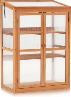 M MCombo Gewächshaus Frühbeet Aus Holz, Für Balkon & Garten, Klein Treibhaus Greenhouse Aufsatz Kasten Winterfest, 46*76*110cm, 0760 (Orange )