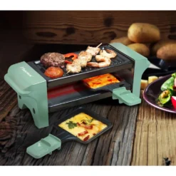 Bestron Raclette Für 1 Bis 2 Personen, Mini Tischgrill Mit Zwei Pfännchen Und Zwei Holzschabern, 350 Watt, Farbe: Grün/Schwarz -Günstiges Laube Lust Geschäft a8e13fbeeb8aca70354cc6bdc302fc05