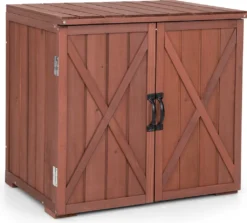 COSTWAY Gartenschrank Holz, Lagerschrank Garten, Holzschrank Mit Doppeltüren Und Griffen, Geräteschrank Gerätehaus Geräteschuppen, Schuppen Schrank, Werkzeugschrank Braun, 77 X 56 X 72 Cm