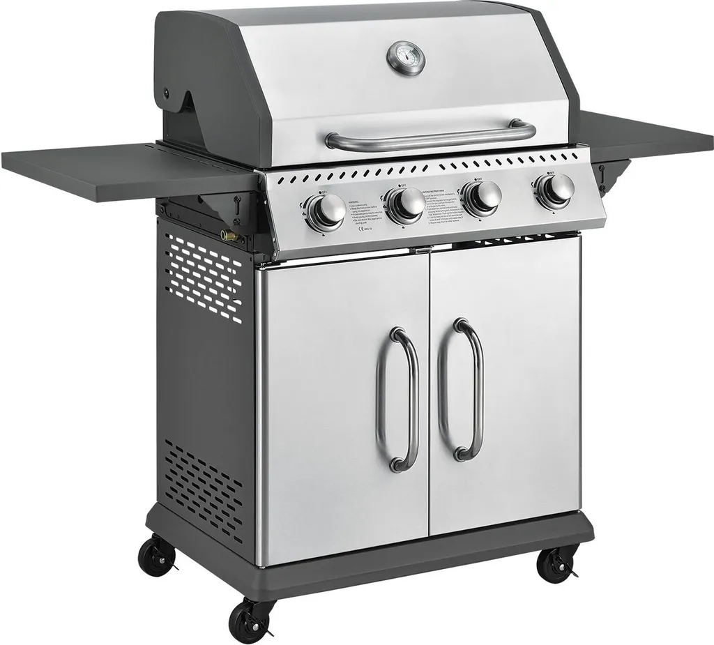 Juskys Gasgrill Kansas Mit 4 Brenner 12 KW, BBQ Grill Mit Gusseisen-Grillrost, Warmhalterost & Thermometer, XL Grillwagen 2 Seitenablagen & 4 Räder 3 Juskys Gasgrill Kansas Mit 4 Brenner 12 KW, BBQ Grill Mit Gusseisen-Grillrost, Warmhalterost & Thermometer, XL Grillwagen 2 Seitenablagen & 4 Räder