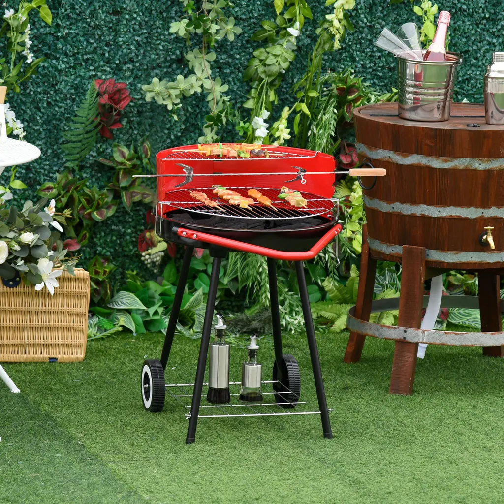 Outsunny Holzkohlegrill Rundgrill Standgrill Auf Rollen Mit Ablage Rost BBQ Metall Rot L70 X B51 X H75,5cm 4 Outsunny Holzkohlegrill Rundgrill Standgrill Auf Rollen Mit Ablage Rost BBQ Metall Rot L70 X B51 X H75,5cm – Bild 2