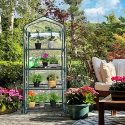 COSTWAY Mini Gewächshaus Mit 4 Etagen, Foliengewächshaus Winterfest, PVC Gewächshausabdeckung, Anzuchthaus Mit Reißverschluss, Gartenhaus Für Garten Balkon Outdoor (70x49x159cm, Transparent)