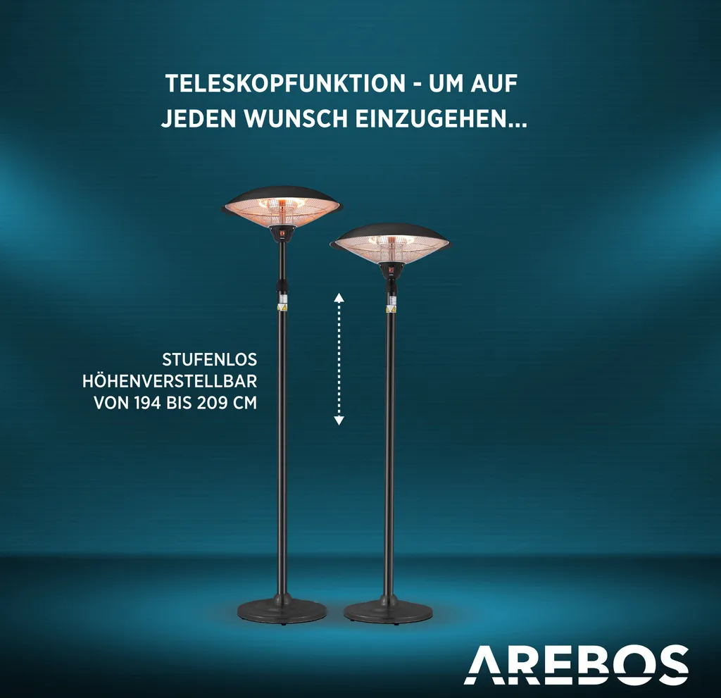 AREBOS - Standheizstrahler, Wärmelampe, Terrassenheizstrahler, 2 Heizstufen, Schwarz 6 AREBOS - Standheizstrahler, Wärmelampe, Terrassenheizstrahler, 2 Heizstufen, Schwarz – Bild 4