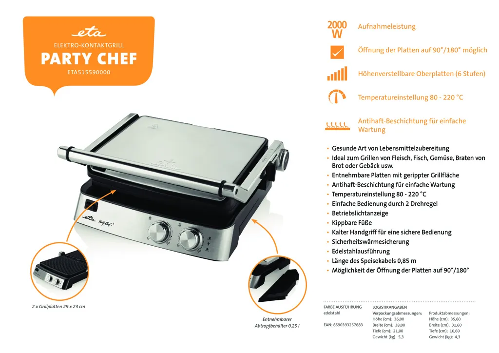 ETA PARTY CHEF Kontaktgrill ETA515590000, 2000 W, 2x Austauschbare, Antihaftbeschichtete Platten Mit Gerippter Grillfläche, Temperaturregelung 80 °C - 220 °C, 3 Betriebspositionen 12 ETA PARTY CHEF Kontaktgrill ETA515590000, 2000 W, 2x Austauschbare, Antihaftbeschichtete Platten Mit Gerippter Grillfläche, Temperaturregelung 80 °C - 220 °C, 3 Betriebspositionen – Bild 10