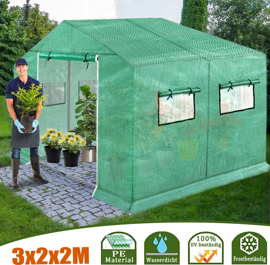LZQ Gewächshaus Foliengewächshaus Mit Gitternetzfolie Und Fernster 3x2x2m 6m² Winterfest Tomatenhaus Gewächshäuser Pflanzenhaus Anzucht 3 LZQ Gewächshaus Foliengewächshaus Mit Gitternetzfolie Und Fernster 3x2x2m 6m² Winterfest Tomatenhaus Gewächshäuser Pflanzenhaus Anzucht