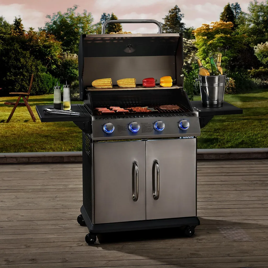 Juskys Gasgrill Kansas Mit 4 Brenner 12 KW, BBQ Grill Mit Gusseisen-Grillrost, Warmhalterost & Thermometer, XL Grillwagen 2 Seitenablagen & 4 Räder 4 Juskys Gasgrill Kansas Mit 4 Brenner 12 KW, BBQ Grill Mit Gusseisen-Grillrost, Warmhalterost & Thermometer, XL Grillwagen 2 Seitenablagen & 4 Räder – Bild 2