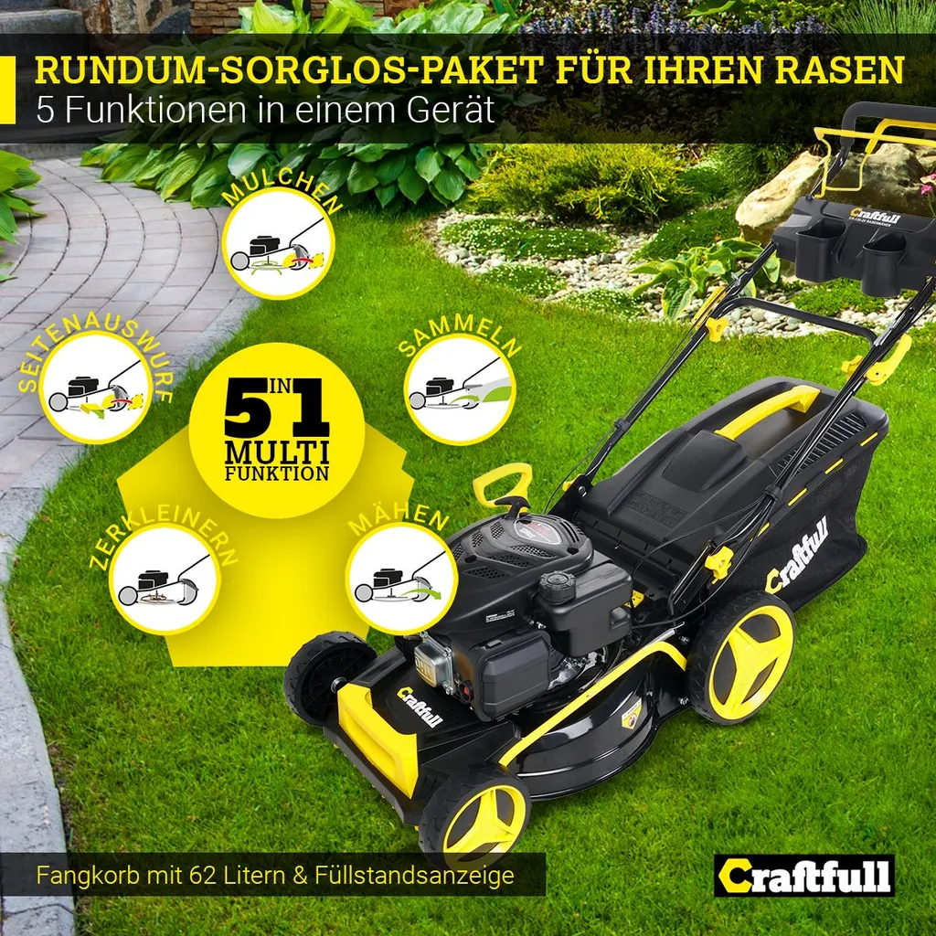 Craftfull Benzinrasenmäher CR-196-20, 51 Cm Schnittbreite, Benzin Rasenmäher Mit Radantrieb Inkl. Rasenkamm, 196 Cc, 4,4 KW / 6PS, Euro 5 Norm, 5in1, Marken Motor, GT-Markengetriebe, 8 Stufen Höhenverstellbar, 62 Liter Fangsack, Easy-Clean-Funktion 6 Craftfull Benzinrasenmäher CR-196-20, 51 Cm Schnittbreite, Benzin Rasenmäher Mit Radantrieb Inkl. Rasenkamm, 196 Cc, 4,4 KW / 6PS, Euro 5 Norm, 5in1, Marken Motor, GT-Markengetriebe, 8 Stufen Höhenverstellbar, 62 Liter Fangsack, Easy-Clean-Funktion – Bild 4