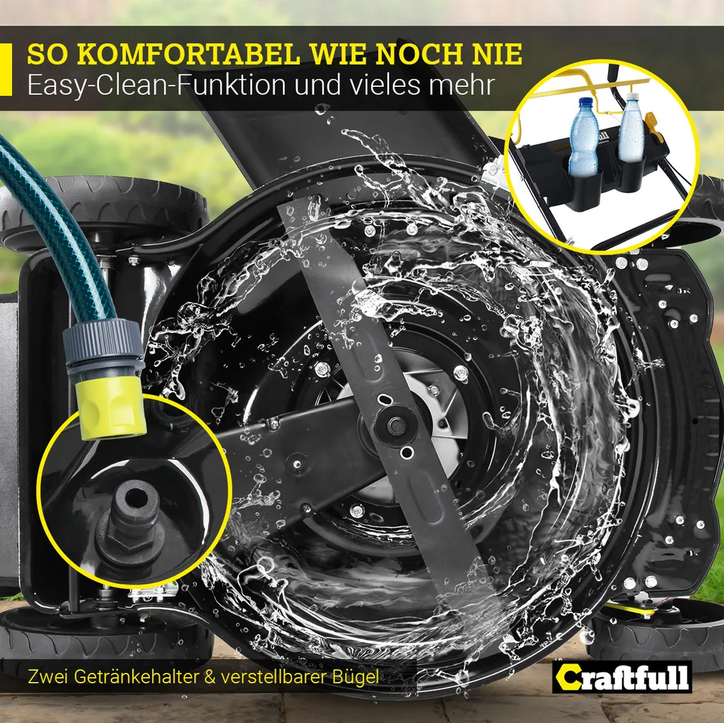 Craftfull Benzinrasenmäher CR-224-20, 56 Cm Schnittbreite, Benzin Rasenmäher Mit Radantrieb Inkl. Rasenkamm, 196 Cc, 5,2 KW / 7,1PS, Euro 5 Norm, 5in1, Marken Motor, GT-Markengetriebe, 8 Stufen Höhenverstellbar, 62 Liter Fangsack, Easy-Clean-Funktion 8 Craftfull Benzinrasenmäher CR-224-20, 56 Cm Schnittbreite, Benzin Rasenmäher Mit Radantrieb Inkl. Rasenkamm, 196 Cc, 5,2 KW / 7,1PS, Euro 5 Norm, 5in1, Marken Motor, GT-Markengetriebe, 8 Stufen Höhenverstellbar, 62 Liter Fangsack, Easy-Clean-Funktion – Bild 6