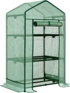Outsunny Mini-Gewächshaus Anzuchtgewächshaus Mit Folienabdeckung Und 3 Regalböden Regale Rolltür Gemüsebeet Grün 69 X 49 X 125 Cm