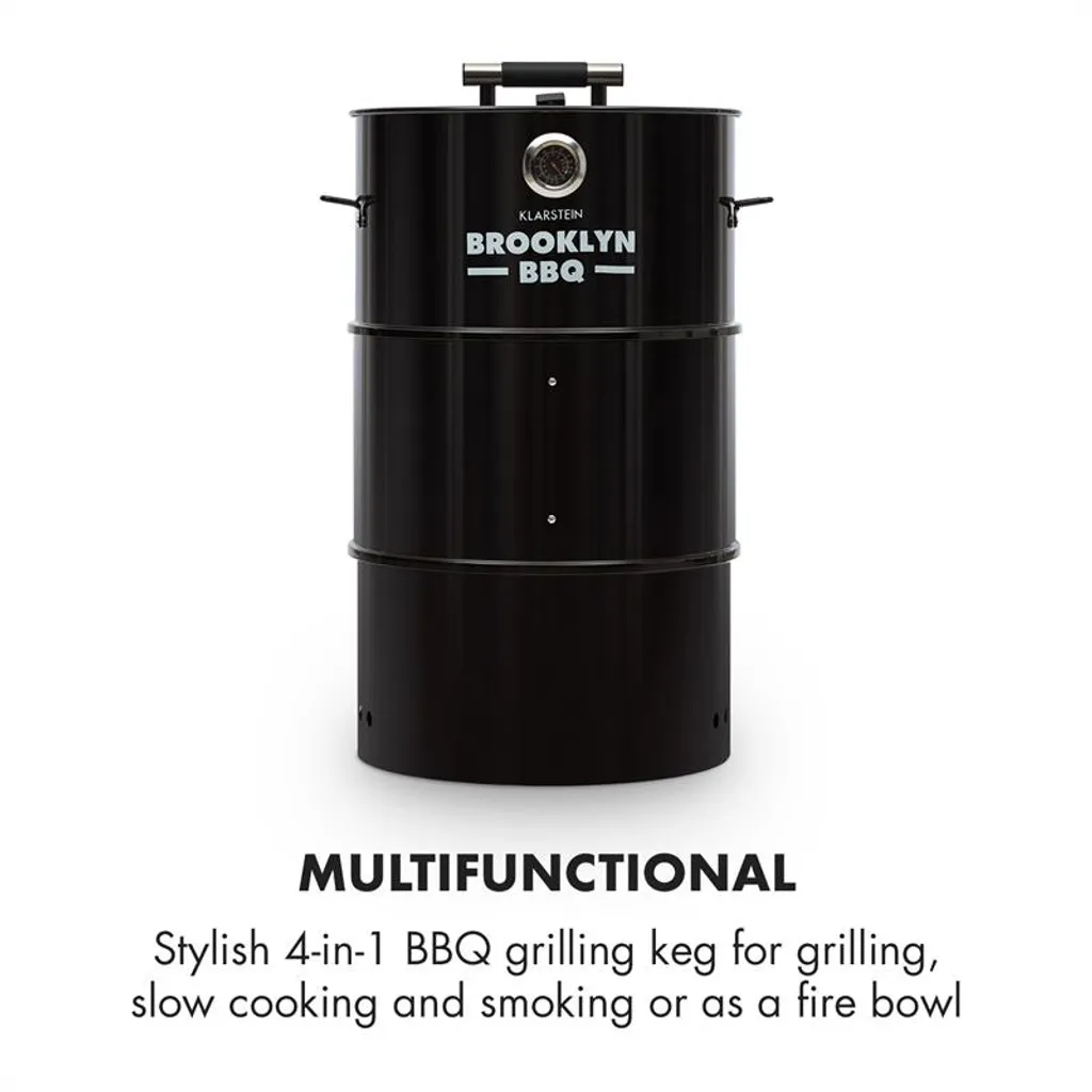 Brooklyn-BBQ 4-in-1-Grillfass | Grill, Smoker SlowCooker & Feuerschale | Ø 42 Cm | Stahl | Pulverbeschichtet 5 Brooklyn-BBQ 4-in-1-Grillfass | Grill, Smoker SlowCooker & Feuerschale | Ø 42 Cm | Stahl | Pulverbeschichtet – Bild 3