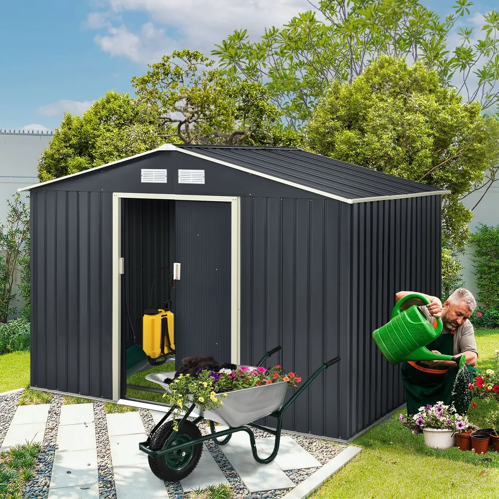 Juskys Metall Gerätehaus XXL Mit Satteldach, Schiebetür & Fundament - 15m³ - 277×319×192 Cm - Anthrazit - Geräteschuppen Gartenhaus Garten Schuppen 8 Juskys Metall Gerätehaus XXL Mit Satteldach, Schiebetür & Fundament - 15m³ - 277×319×192 Cm - Anthrazit - Geräteschuppen Gartenhaus Garten Schuppen – Bild 6