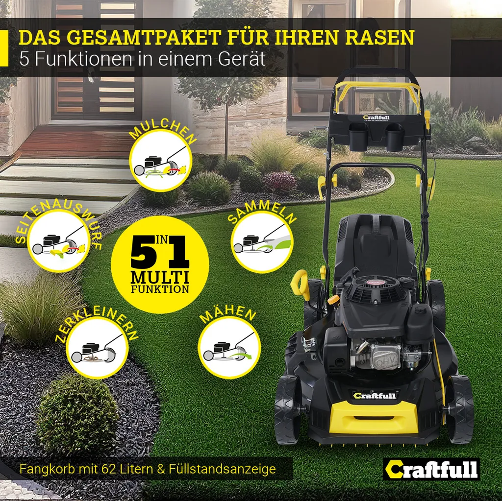 Craftfull Benzinrasenmäher CR-224-20, 56 Cm Schnittbreite, Benzin Rasenmäher Mit Radantrieb Inkl. Rasenkamm, 196 Cc, 5,2 KW / 7,1PS, Euro 5 Norm, 5in1, Marken Motor, GT-Markengetriebe, 8 Stufen Höhenverstellbar, 62 Liter Fangsack, Easy-Clean-Funktion 6 Craftfull Benzinrasenmäher CR-224-20, 56 Cm Schnittbreite, Benzin Rasenmäher Mit Radantrieb Inkl. Rasenkamm, 196 Cc, 5,2 KW / 7,1PS, Euro 5 Norm, 5in1, Marken Motor, GT-Markengetriebe, 8 Stufen Höhenverstellbar, 62 Liter Fangsack, Easy-Clean-Funktion – Bild 4