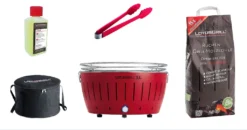 LotusGrill XL Starter-Set 1x XL Grill Feuerrot Mit USB-Anschluß, 1x Buchenholzkohle 2,5 Kg, 1x Brennpaste 200ml, 1x Zange, 1x Transport-Tragetasche XL - Der Raucharme Holzkohlegrill