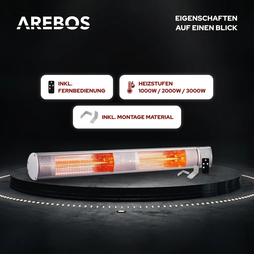 AREBOS Infrarot Heizstrahler Mit Fernbedienung, 3000W, 3 Heizstufen, Terrassenheizer, Wand-Heizstrahler, Silber 5 AREBOS Infrarot Heizstrahler Mit Fernbedienung, 3000W, 3 Heizstufen, Terrassenheizer, Wand-Heizstrahler, Silber – Bild 3