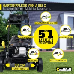 Craftfull Benzinrasenmäher CR-196-10E, 53 Cm Schnittbreite, Benzin Rasenmäher Mit Radantrieb Inkl. Elektrostarter & Rasenkamm, 196 Cc, 4,4 KW / 6PS, Euro 5 Norm, 5in1, Marken Motor, GT-Markengetriebe, 8 Stufen Höhenverstellbar, 62 Liter Fangsack, Easy-Clean-Funktion -Günstiges Laube Lust Geschäft cac173a99ac0f0a8b5d3cfaea4f7e9c9