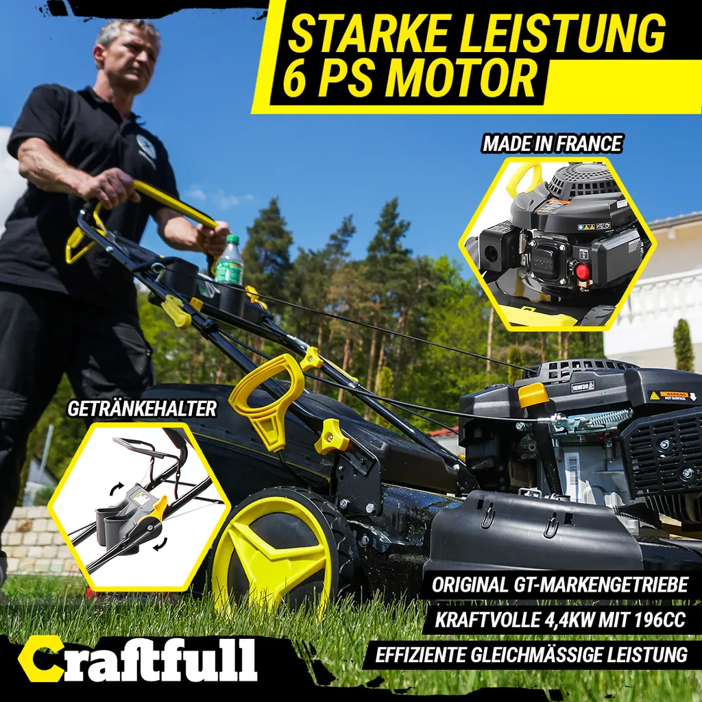 Craftfull Benzinrasenmäher CR-196-10, 53 Cm Schnittbreite, Benzin Rasenmäher Mit Radantrieb, 196 Cc, 4,4 KW / 6PS, Euro 5 Norm, 5in1, Loncin Marken Motor, GT-Markengetriebe, 8 Stufen Höhenverstellbar, 62 Liter Fangsack, Easy-Clean-Funktion 4 Craftfull Benzinrasenmäher CR-196-10, 53 Cm Schnittbreite, Benzin Rasenmäher Mit Radantrieb, 196 Cc, 4,4 KW / 6PS, Euro 5 Norm, 5in1, Loncin Marken Motor, GT-Markengetriebe, 8 Stufen Höhenverstellbar, 62 Liter Fangsack, Easy-Clean-Funktion – Bild 2
